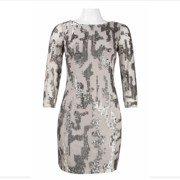 NEW Adrianna Papell Embellished 3/4 Sleeve Sheath Dress in SILVER‎ [SZ 6 ] - Picture 3 of 12